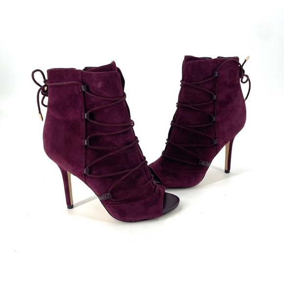Sam Edelman Asher Suede Merlot Open Toe Lace Up Side Zip Stiletto Ankle Bootie - Picture 3 of 8